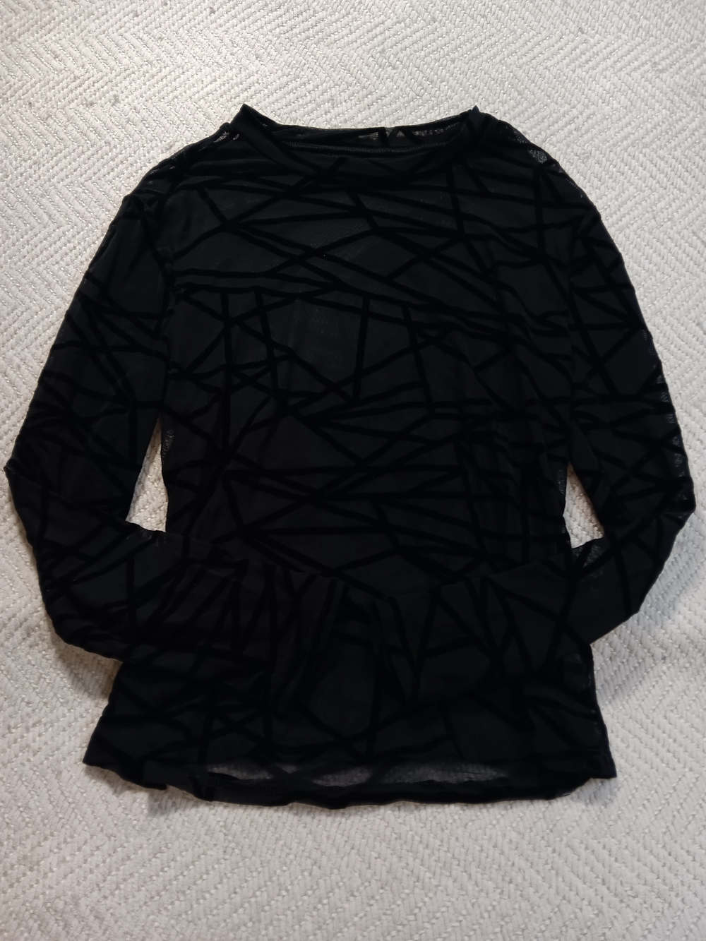 SHEIN Black Sheer Long-Sleeve Top with Geometric Flocked Stripes